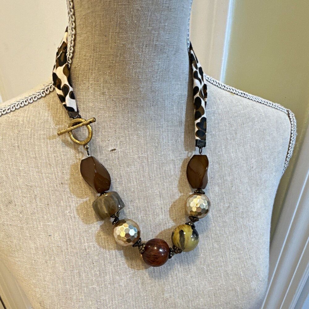 LEOPARD MULTICOLOR FABRIC CORD BEADED STATEMENT NECKLACE TOGGLE 18 IN”